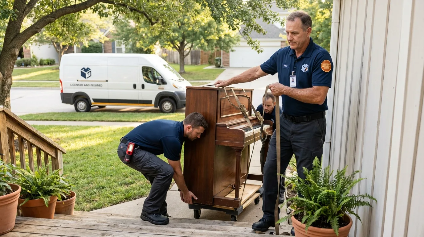 Licensed piano movers securing grand piano in Rosemead, CA